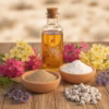 An artful arrangement of the ingredients for Desert Flower incense: bowls of frankincense powder and magnesia, a vial of oil, the finished incense, and fresh desert wildflowers.