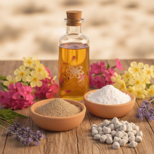 An artful arrangement of the ingredients for Desert Flower incense: bowls of frankincense powder and magnesia, a vial of oil, the finished incense, and fresh desert wildflowers.