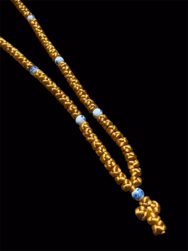 HANDMADE Tailless Gold Satin PRAYER ROPE/KOMBOSKINI/CHOTKI (100 Knots) with CHINA BONE PATTERNED Beads - Unparalleled Comfort for All-Day Prayer