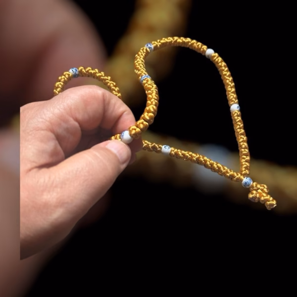 HANDMADE Tailless Gold Satin PRAYER ROPE/KOMBOSKINI/CHOTKI (100 Knots) with CHINA BONE PATTERNED Beads - Unparalleled Comfort for All-Day Prayer