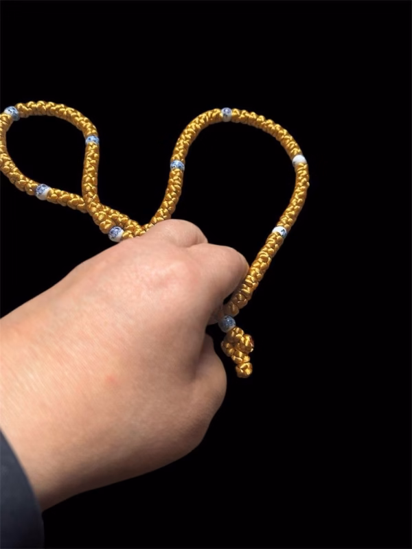 HANDMADE Tailless Gold Satin PRAYER ROPE/KOMBOSKINI/CHOTKI (100 Knots) with CHINA BONE PATTERNED Beads - Unparalleled Comfort for All-Day Prayer