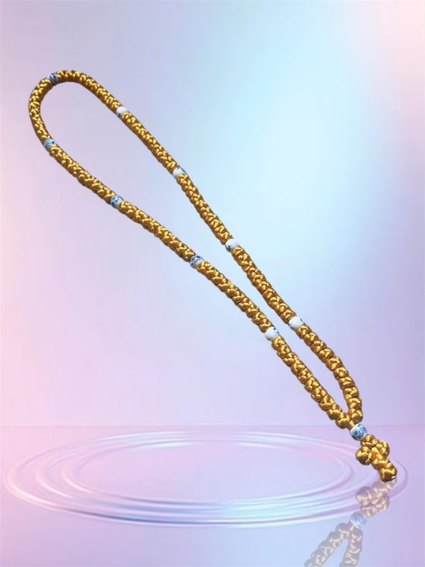 HANDMADE Tailless Gold Satin PRAYER ROPE/KOMBOSKINI/CHOTKI (100 Knots) with CHINA BONE PATTERNED Beads - Unparalleled Comfort for All-Day Prayer
