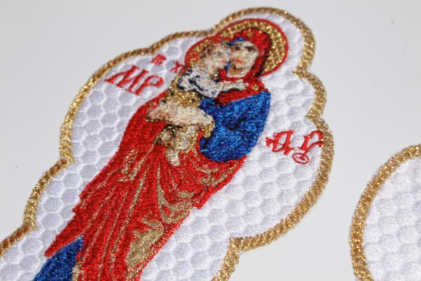 photo_2025-03-08_10-57-12 Theotokos with Christ Child Full-Body Icon Applique - Orthodox Byzantine - Gold Accents, Blue/Red/White - Monastery Made