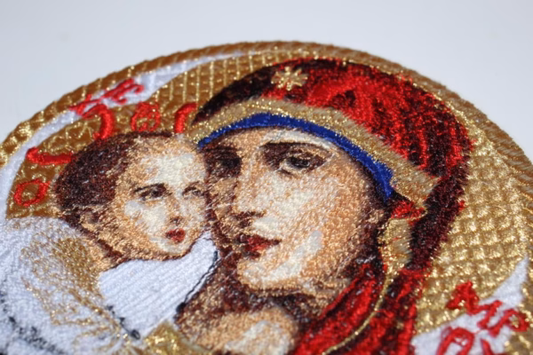 Theotokos & Christ Child Embroidered Icon Applique - Circular Orthodox Icon - Gold Frame - Monastery Made