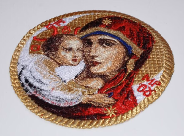 Theotokos & Christ Child Embroidered Icon Applique - Circular Orthodox Icon - Gold Frame - Monastery Made