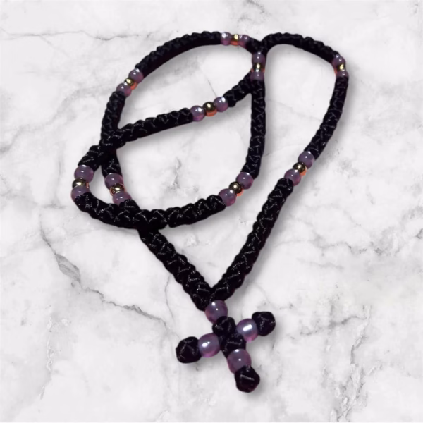 HANDMADE Tailless Black Satin PRAYER ROPE/KOMBOSKINI/CHOTKI (100 Knots) with GOLD & LILAC Beads - Unparalleled Comfort for All-Day Prayer