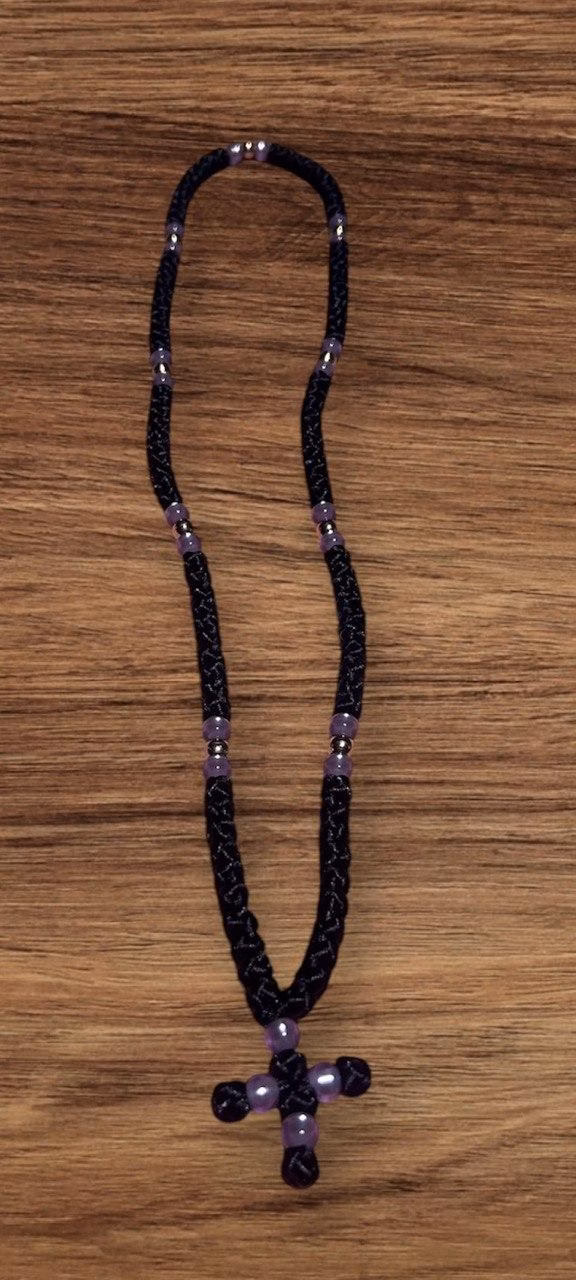 HANDMADE Tailless Black Satin PRAYER ROPE/KOMBOSKINI/CHOTKI (100 Knots) with GOLD & LILAC Beads - Unparalleled Comfort for All-Day Prayer