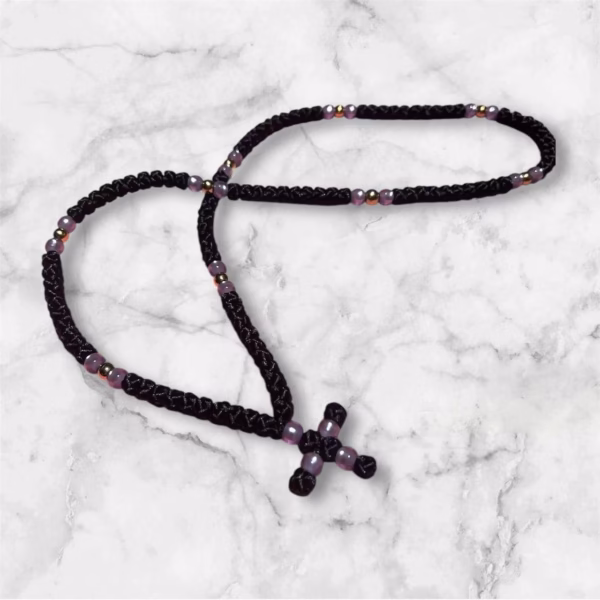 HANDMADE Tailless Black Satin PRAYER ROPE/KOMBOSKINI/CHOTKI (100 Knots) with GOLD & LILAC Beads - Unparalleled Comfort for All-Day Prayer