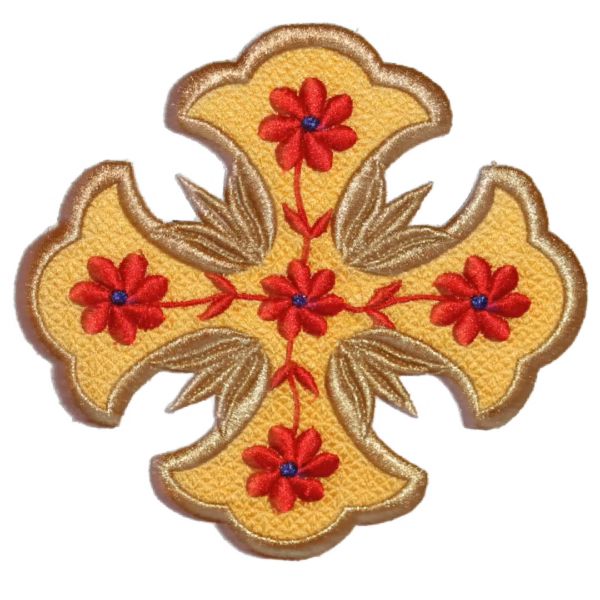 Cross 5 Red Flowers Applique Byzantine 5-Flower & 12-Petal Cross Applique