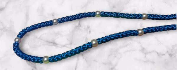 HANDMADE Tailless Azure Blue Satin PRAYER ROPE/KOMBOSKINI/CHOTKI (100 Knots) with FAUX-PEARL Beads - Unparalleled Comfort for All-Day Prayer