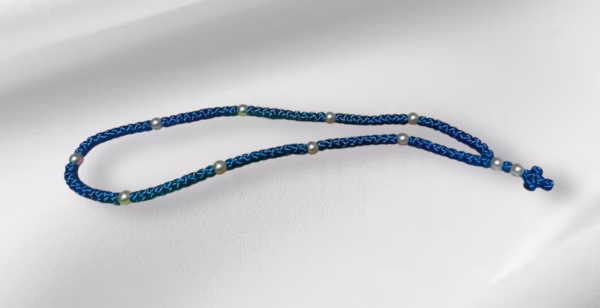 HANDMADE Tailless Azure Blue Satin PRAYER ROPE/KOMBOSKINI/CHOTKI (100 Knots) with FAUX-PEARL Beads - Unparalleled Comfort for All-Day Prayer