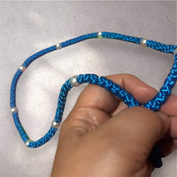 HANDMADE Tailless Azure Blue Satin PRAYER ROPE/KOMBOSKINI/CHOTKI (100 Knots) with FAUX-PEARL Beads - Unparalleled Comfort for All-Day Prayer