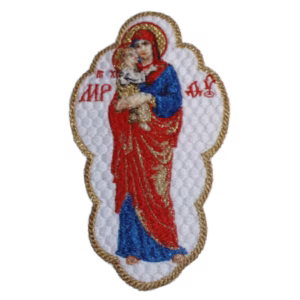 Theotokos with Christ Child Full-Body Icon Applique - Orthodox Byzantine - Gold Accents, Blue/Red/White - Monastery Made