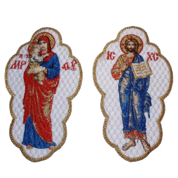 Christ & the Theotokos Full-Body Icon Applique Set - Orthodox Byzantine - Gold Accents, Blue/Red/White - Monastery Made