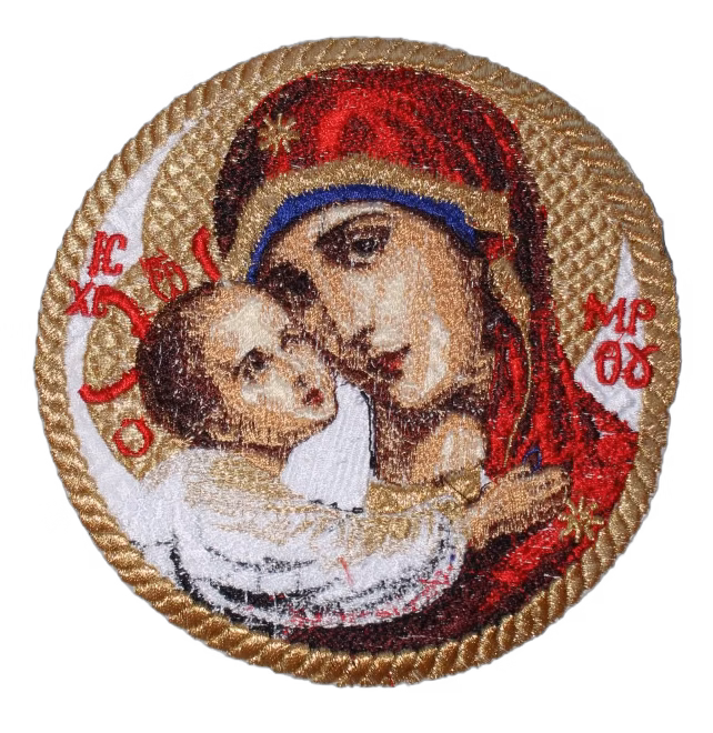 photo_2025-03-08_10-57-05 Theotokos & Christ Child Embroidered Icon Applique - Circular Orthodox Icon - Gold Frame - Monastery Made