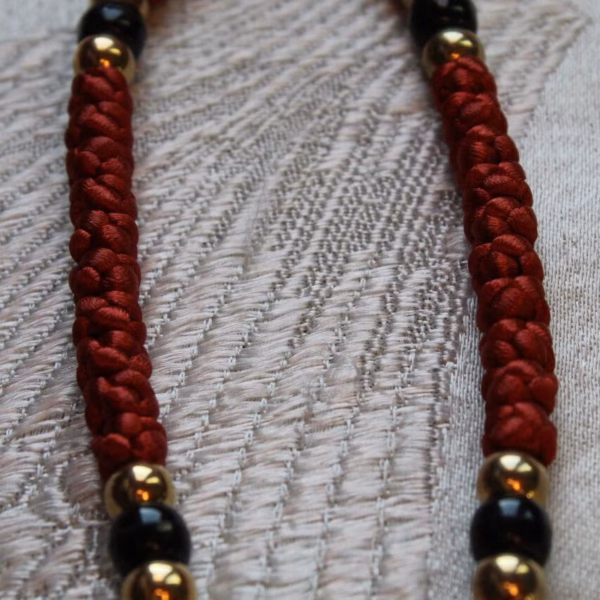 photo_2025-07-04_08-13-35 Rustic Red Satin 50-Knot Prayer Rope Komboskini - Pocket Size, Gold & Onyx Beads - Monastic Handmade