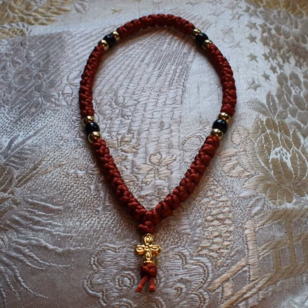 photo_2025-07-04_08-13-39 Rustic Red Satin 50-Knot Prayer Rope Komboskini - Pocket Size, Gold & Onyx Beads - Monastic Handmade