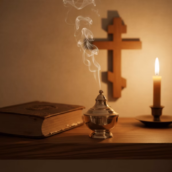 carnation-incense-in-use-family-prayer A bronze hand-censer (katzion) smoking with Carnation incense in a warm, comfortable prayer corner with a cherished family prayer book.