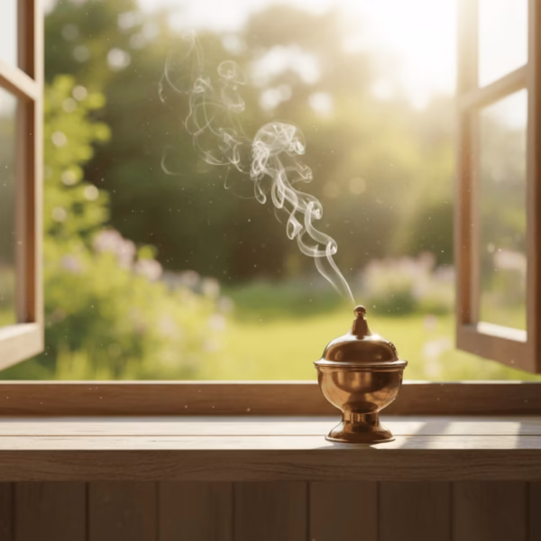 honeysuckle-incense-in-use-summer-prayer A bronze hand-censer (katzion) smoking with Honeysuckle incense, with the smoke illuminated by a sunbeam in a peaceful prayer corner.