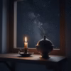 A dark bronze hand-censer (katzion) smoking with Night Flower incense in a candlelit prayer corner at night, with a starry sky visible.