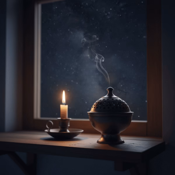 A dark bronze hand-censer (katzion) smoking with Night Flower incense in a candlelit prayer corner at night, with a starry sky visible.