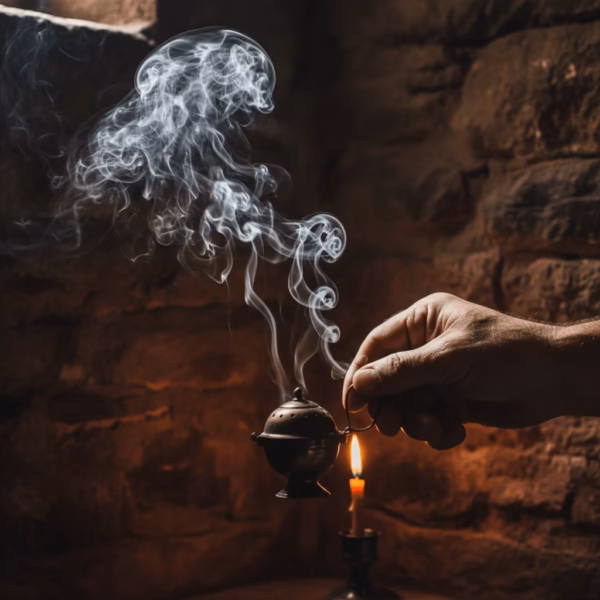 A man's hand censing a simple prayer corner with a dark bronze katzion, creating a humble, penitential atmosphere.
