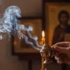 jasmine-incense-in-use-evening-prayer-v2 A person's hand gently censing a home prayer corner in the evening with a bronze katzion, lit by the glow of a single candle.