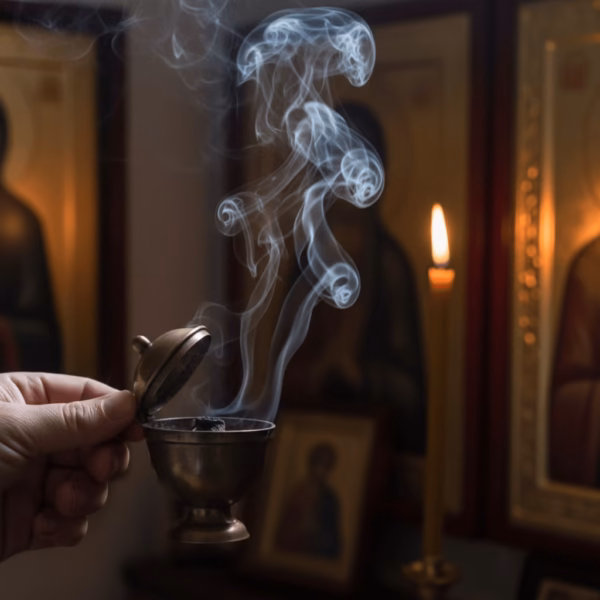 amber-incense-in-use-censing A person's hand gently censing a home prayer corner with a bronze katzion, with a thick plume of smoke rising before a candlelit icon.