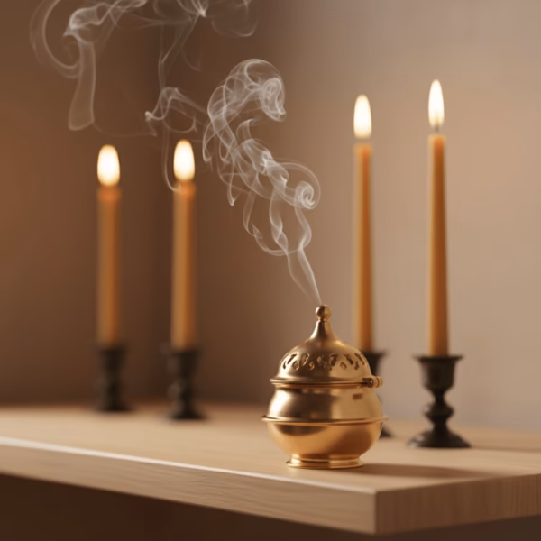 bethlehem-incense-in-use-nativity A brass hand-censer (katzion) smoking with Bethlehem incense in a home prayer corner, with the warm glow of beeswax candles in the background.
