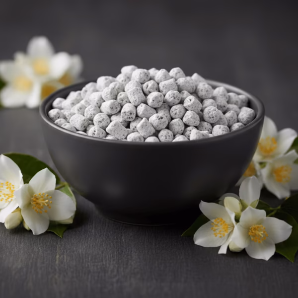jasmine-athonite-incense-5 A dark grey, matte-finish ceramic bowl of Jasmine incense, tastefully decorated with fresh jasmine flowers on a dark surface.