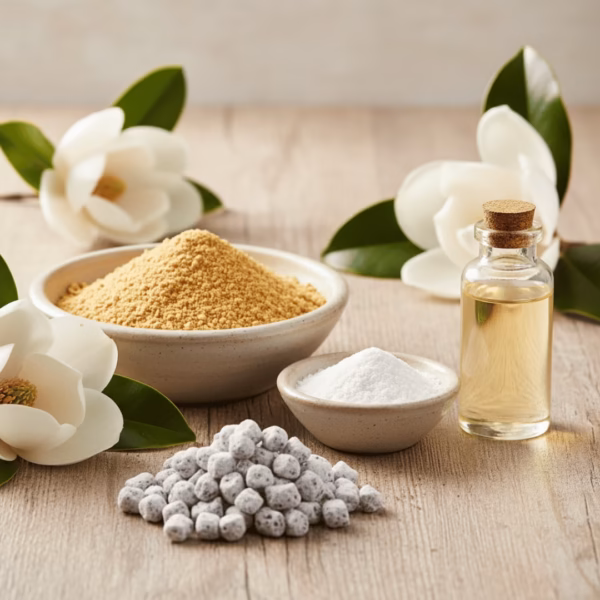magnolia-incense-inspiration-5 A beautiful flat-lay of the ingredients for Magnolia incense, including frankincense powder, magnesia, a vial of magnesia essential oil, and the finished incense, arranged with fresh magnolia flowers.