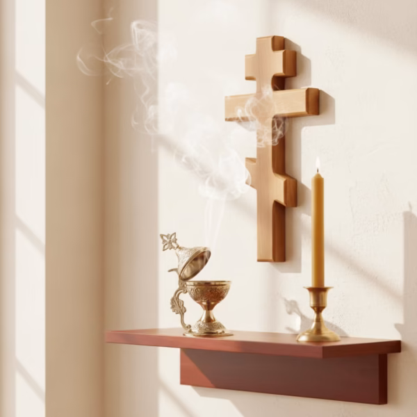 magnolia-incense-in-use-5 A polished brass katzion gently smoking on a mahogany shelf, placed before a wooden Orthodox wall cross. A beeswax candle burns next the incense.