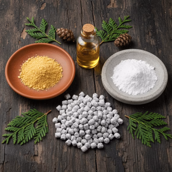 cedar-incense-inspiration-5 An authentic flat-lay showing the origins of Cedar incense: frankincense powder, magnesia, cedar essential oil, and a fresh cedar sprig on a dark wood surface.