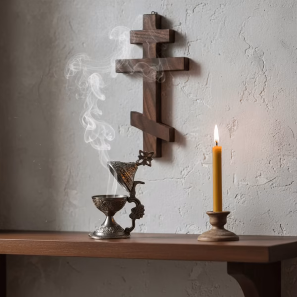 cedar-incense-in-use-5 A shot of a dark bronze katzion gently smoking, censing a wooden cross in a candlelit prayer corner.