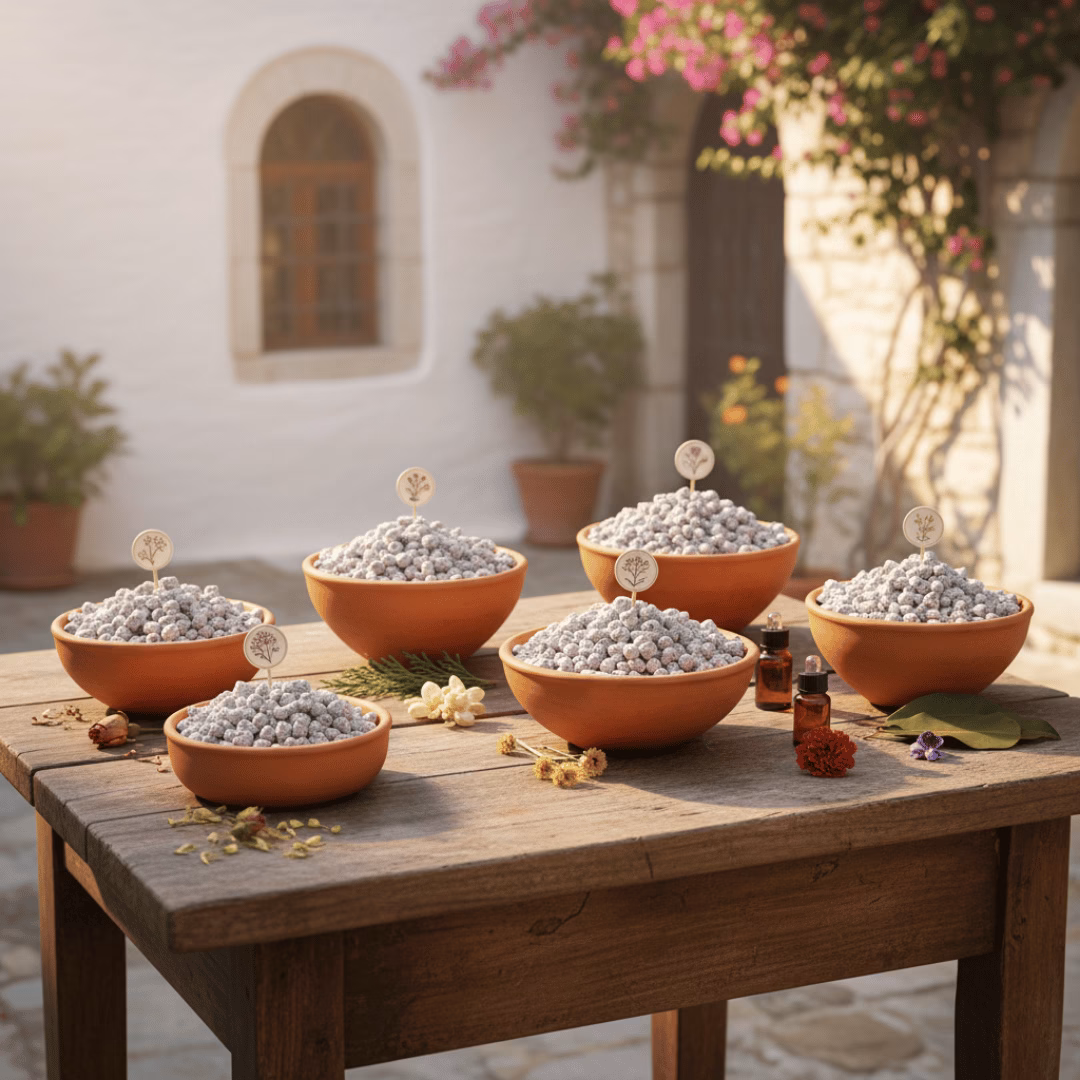 A collection of our authentic Athonite incenses arranged on a table in front of a white-walled small Greek chapel.