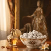 marie-antoinette-signature-blend-incense-6 A fine porcelain bowl filled with Marie Atoinette Signature Blend Orthodox incense sits next to a small baroque-style bottle of french perfume on a fine wooden table. A portrait of Marie Antoinette can be seen out of focus in the background.