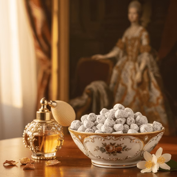 marie-antoinette-signature-blend-incense-6 A fine porcelain bowl filled with Marie Atoinette Signature Blend Orthodox incense sits next to a small baroque-style bottle of french perfume on a fine wooden table. A portrait of Marie Antoinette can be seen out of focus in the background.