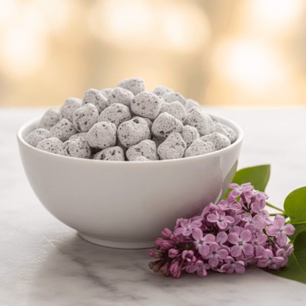 lilac-treasury-collection-incense-5 A white porcelain bowl of Lilac incense, with a fresh sprig of purple lilac blossoms beside it in bright morning light.