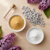 lilac-incense-inspiration-5 A beautiful flat-lay showing the origins of Lilac incense: frankincense powder, a lilac oil vial, magnesia, and the finished incense with fresh lilac blossoms.