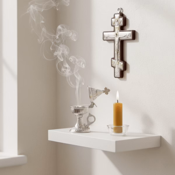 lilac-incense-in-use-5 A beautiful silver katzion gently smoking with Lilac incense, resting on a white shelf next to a burning beeswax candle before a silver wall cross in bright morning light.