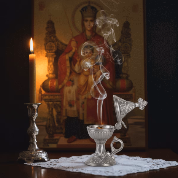 marie-antoinette-incense-in-use-5 A beautiful silver katzion gently smoking with Marie Antoinette incense, resting on a prayer stand before an icon of the Theotokos, lit by a beeswax candle.