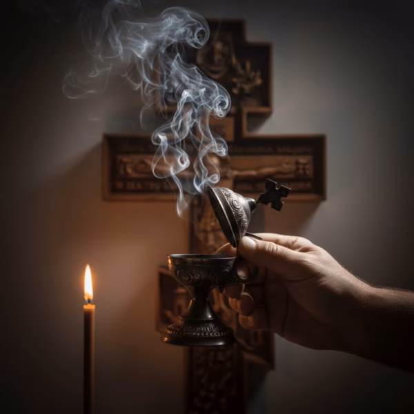 holy-cross-incense-veneration-5 A close-up of a man's hand censing a large, beautiful wooden wall cross with a bronze katzion, the scene illuminated by a single candle.