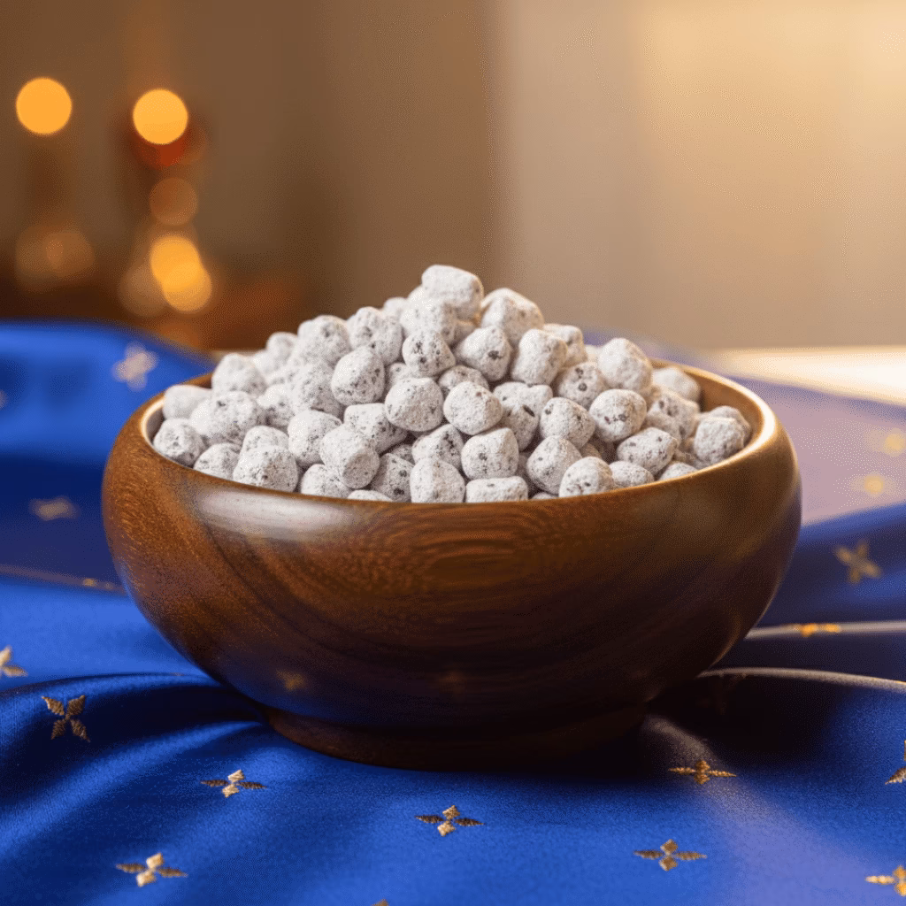 A polished wooden bowl of handcrafted Bethlehem incense, resting on a royal blue and gold embroidered cloth, evoking the Nativity services.