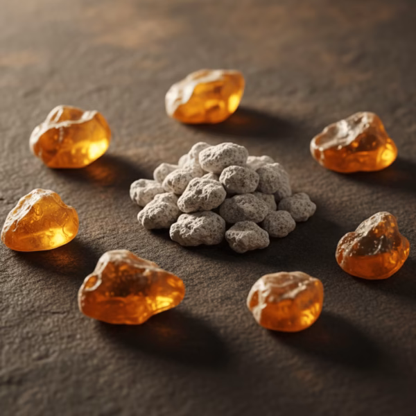 amber-incense-inspiration-4 The inspiration for Amber incense: a pile of the finished product surrounded by pieces of raw, golden amber resin glowing in warm light.