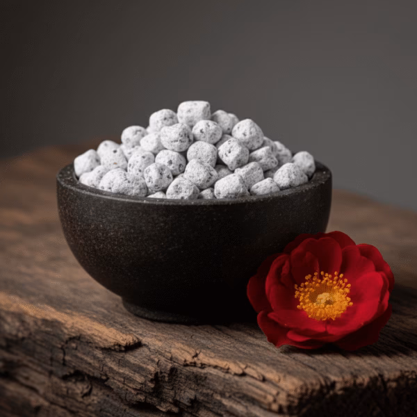 A dark soapstone bowl of handcrafted Wild Rose incense from the Treasury Collection, with a single, deep crimson wild rose beside it.