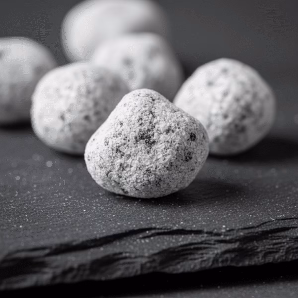 A macro, close-up shot of hand-cut Wild Rose incense, showing its magnesia coating and handcrafted texture on a dark slate surface.