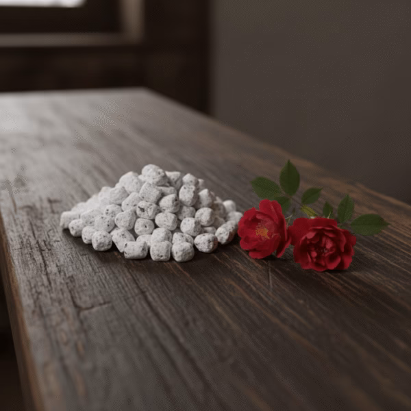 The inspiration for Wild Rose incense: a pile of the finished product next to a sprig from a wild rose bush with deep crimson blooms.