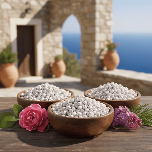 monk-symeons-curated-collection Three carefully chosen and prepared bowls of unique incense varieties arranged on a wooden bench outside a Greek monastery overlooking the sea.