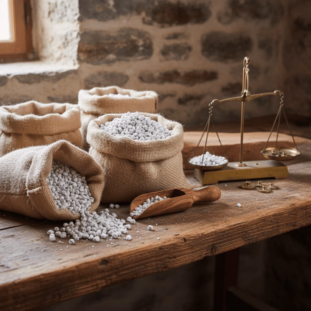 Hessian bags of different incense varieties on a wooden workbench with a wooden scoop and scale in a traditional stone-walled workshop.