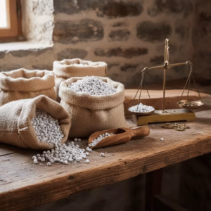 custom-sampler-3 Hessian bags of different incense varieties on a wooden workbench with a wooden scoop and scale in a traditional stone-walled workshop.